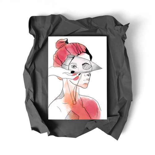 Broken Mirror, Portfolio Plakat auf schwarzem, zerknitterten Untergrund. Illustration Profil Frauenkopf mit Hand und Scherbe vor dem Gesicht